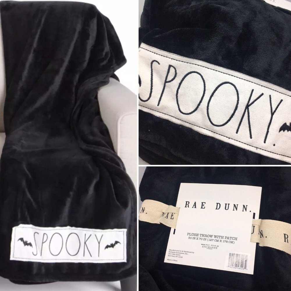 Rae Dunn Halloween SPOOKY Bat Black Fleece Throw Blanket Patch 50x70 NEW 2021